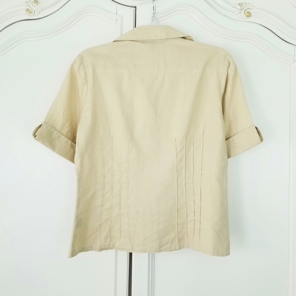 Lafayette 148 NY Beige Linen Short Sleeve Pintuck Button Front Top Women 6 - Picture 2 of 4